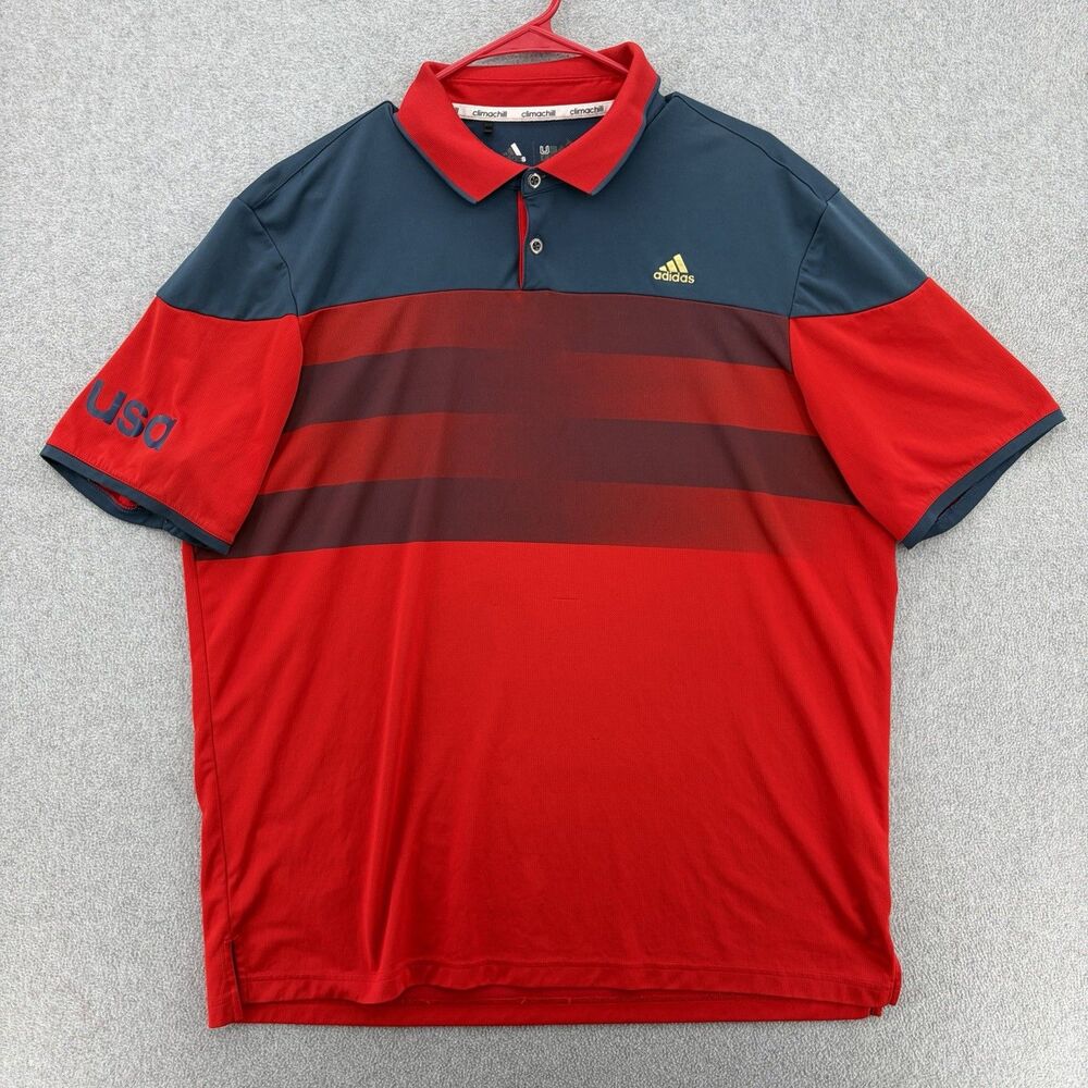 Adidas USA Golf Climachill Polo Mens Small Red Navy Stripe Performance Shirt